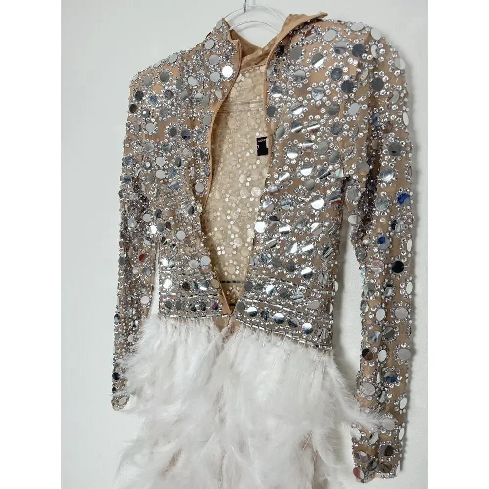 PURE X CHAOS Feather Dress Womens Large White Rhinestone Festival Party Show - Picture 5 of 15